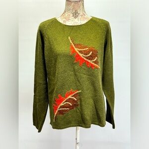 STITCHES‎ IN TIME Olive green leaf print sweater size M